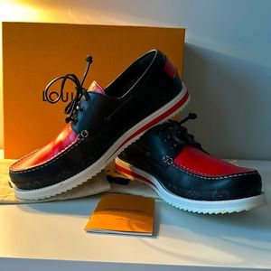 Like new in original box! Louis Vuitton shoes with canvas, red and black colors.